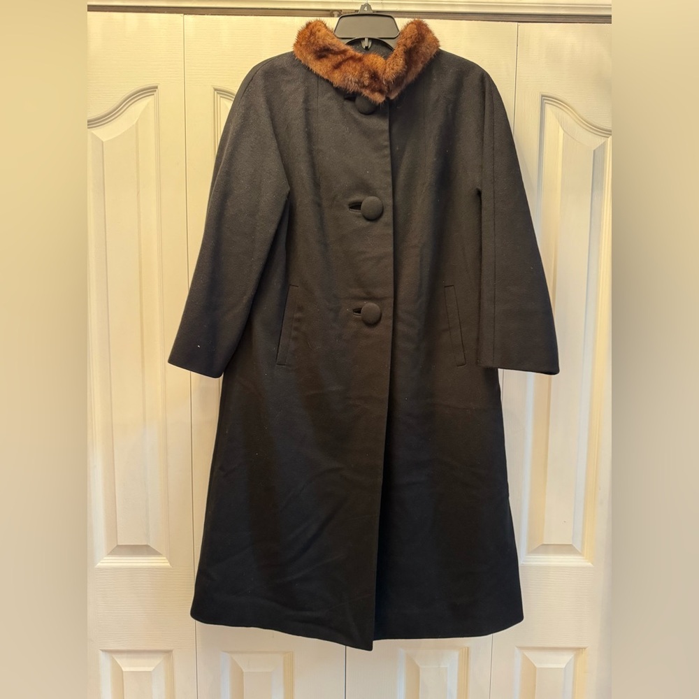 Vintage 1960's Mary Lane Black Wool Mink Collar Long Dress Coat Trench Sz M